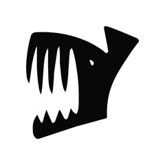 A simple black and white graphic of a stylized animal head with sharp teeth and a triangular ear shape