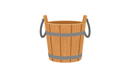 A wooden bucket with a rounded base metal bands and looped rope handles stands on a white background © Rama
