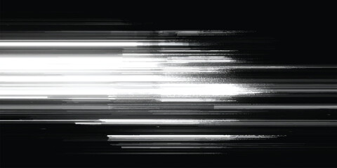 abstract digital light glitch background with horizontal lines and motion blur effect in black and white tones.