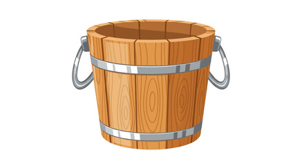 A cartoonstyle wooden bucket with metal bands and handles on a white background