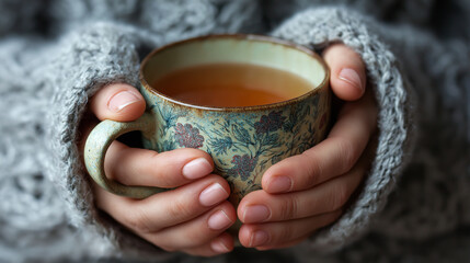 Close-up of hands holding tea mug