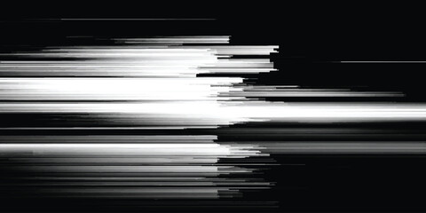 abstract digital light glitch background with horizontal lines and motion blur effect in black and white tones.