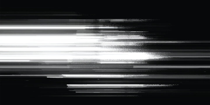 abstract digital light glitch background with horizontal lines and motion blur effect in black and white tones.