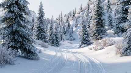 snowy winter wonderland scene with tire tracks and evergreen trees