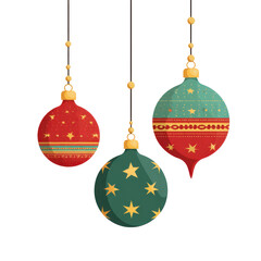 Colorful Christmas Ornaments Hanging Against a Black Background, Featuring Traditional Patterns and Festive Designs for Holiday Decoration isolated on transparent background