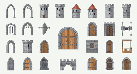 Collection of cartoonstyle drawings of castlemedieval architecture elements © Rama