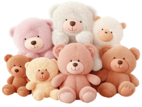 A Charming Collection of Cute Plush Bears in Various Colors and Sizes, Perfect for Cuddling and Collecting for All Ages isolated on transparent background