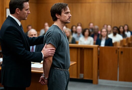 A handcuffed man in prison uniform stands beside his lawyer in a crowded courtroom. This dramatic image conveys themes of justice, law, legal defense, and courtroom tension.