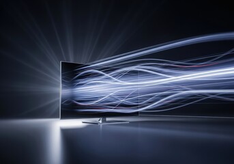 Futuristic digital display with glowing light beams in dark setting