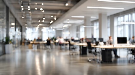 blurred background of a bright modern office interior with people working  