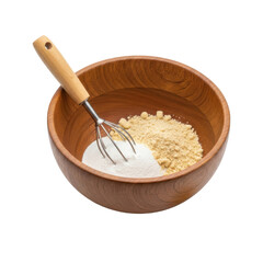 Wooden bowl filled with ingredients and a whisk ready for baking or cooking prep