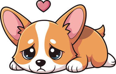 Sad corgi puppy, cartoon dog, emotional expression, cute animal, heart symbol, teardrop eyes, pet illustration, adorable character, sympathy art, dog emotion