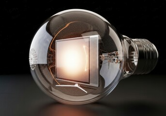 Glowing light bulb with a small illuminated cube inside dark background