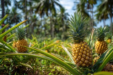 Fototapeta premium Close-up of fresh, ripe pineapples growing in a lush tropical field with palm trees