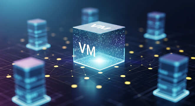 Virtual machines concept with cloud computing and server virtualization technology, VMs for data management, digital infrastructure and IT innovation
