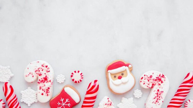 Christmas sweets bottom border with a variety of red and white cookies and candies. Overhead view stop motion loop video on a white marble background with copy space.