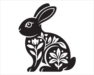 Decorative Floral Rabbit Silhouette Vector Illustration, Elegant Bunny Design with Flowers and Leaves, Nature Art for Easter, Tattoo, or Decorative Graphic