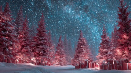 magical holiday forest scene with illuminated red pine trees and gifts in snow beautiful bold starry night creates festive and enchanting atmosphere