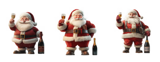 Three santa claus figures toasting with champagne, isolated on transparent background