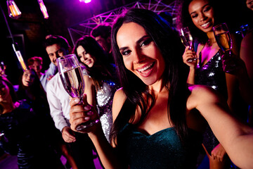 Party beyond the spotlight a glamorous night of friends dancing and toasting in a neon club vibe...