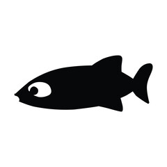 A black silhouette of a fish with a visible eye and fins on a white isolated background image
