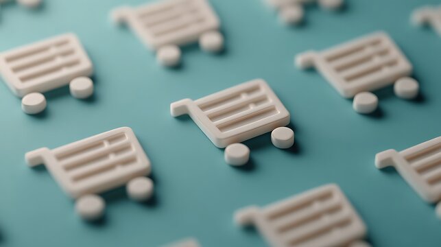 A collection of white shopping cart icons arranged on a blue background, emphasizing online shopping and e-commerce themes.