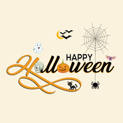 Happy Halloween Text Banner. Happy Halloween decorative lettering with bats, spider, spider web and witch hat . Vector illustration isolated on white background.