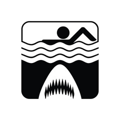 A black and white graphic of a swimmer above a shark in a rounded square warning of danger below