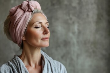 Woman with a towel on her head relaxes in a spa-like atmosphere in a serene environment