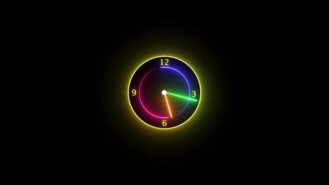 Animated neon clock icon representing 24-hour day, modern analog digital design on black background. Futuristic glowing neon circle with hour, minute, complemented  digital time display 4k animation 