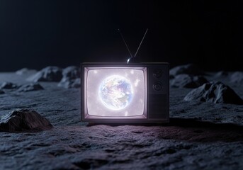 Vintage television displaying earth on a barren moon surface at night