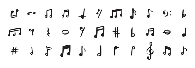 Notes doodle set hand drawn with a black pen. Sketch music drawing note 