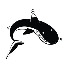 A black and white cartoon shark with sharp teeth and a dorsal fin swimming on a white background