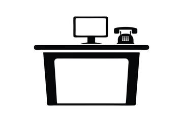 Isolated monochrome desk shows telephone and desktop computer icon, simple and modern