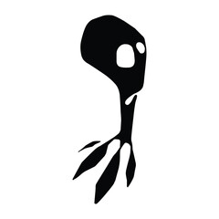 A black silhouette of an alien like figure with a long neck and small legs on a white background