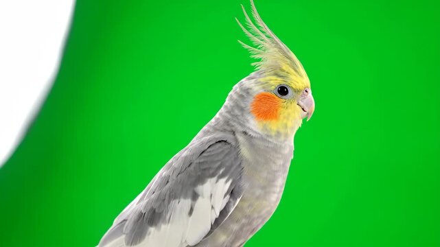 Close-up of a cockatiel in front of a green background
