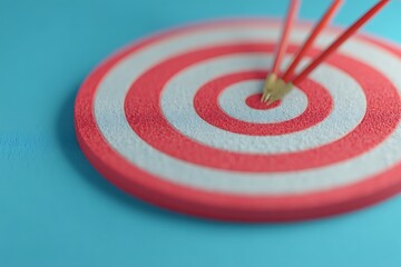 A close-up of a red and white target with arrows striking the bullseye, set against a blue background, symbolizing precision and focus.