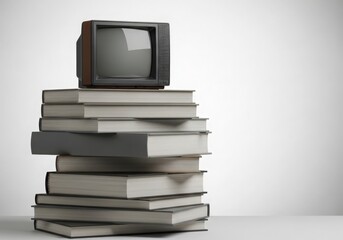 Vintage television set stacked on books isolated on white background