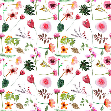 pattern con miscuglio di fiori di campo colorati ad acquerello, illustrazione isolata su sfondo bianco