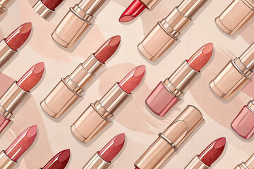 Obraz premium Seamless pattern of luxury lipsticks in soft nude and red tones — elegant cosmetic background for beauty branding and makeup design — glossy lipstick texture in stylish layout