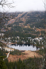 Fototapeta premium Autumn Scenic View from Norefjell Mountain: Haglebu Holiday and Ski Center, Flenta Camping, Bird's Eye Perspective, Autumn Leaves, Norwegian Mountains, Haglebunatten, Norway, Mountain Peak,