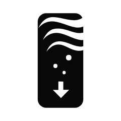 A black rectangle with rounded corners containing white waves bubbles and a downward facing arrow symbol
