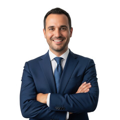 Professional business man confidently smiling with arms crossed isolated on transparent background