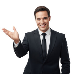 Smiling businessman in a dark suit and tie extends his left hand outwards presenting something on a transparent background isolated on transparent background