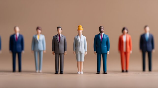 A lineup of miniature business figures in suits, showcasing diversity in attire and styles, set against a neutral background.