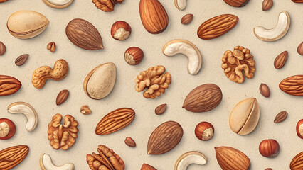 Seamless Assorted Nuts Background Video – Realistic Animation of Almonds, Cashews, Walnuts, and Hazelnuts on Beige Texture – Perfect for Healthy Food, Organic Design, and Nature Projects