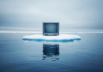 Old television set stranded on a floating iceberg in cold waters