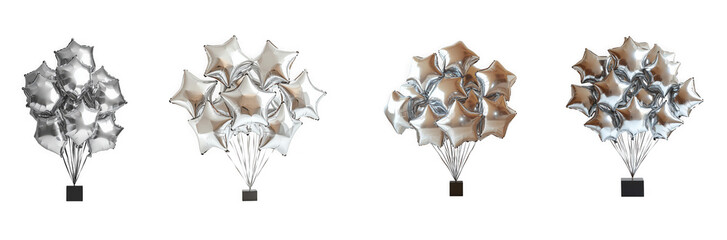 Clusters of starshaped balloons in silver and gold, bursting from a black base, isolated on transparent background