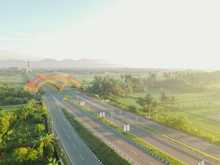 aerial view of the higway with beautiful views at sunrise