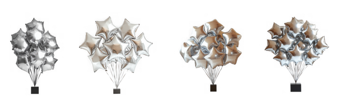 Clusters of starshaped balloons in silver and gold, bursting from a black base, isolated on transparent background